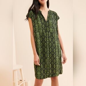 Anthropologie Women XS Rachel V Neck Snakeprint Pockets Green Tunic Dress NEW‎